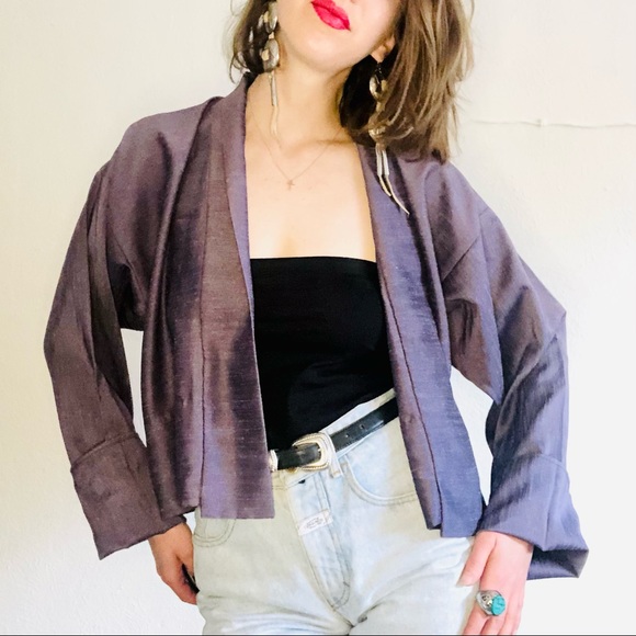 90s VTG Purple Iridescent Cropped Kimono Jacket - Picture 2 of 7